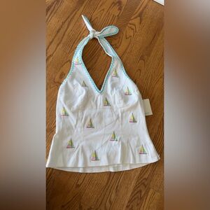 Jade Melody Tam White halter boats Blue scalloped trim nautical women’s 10